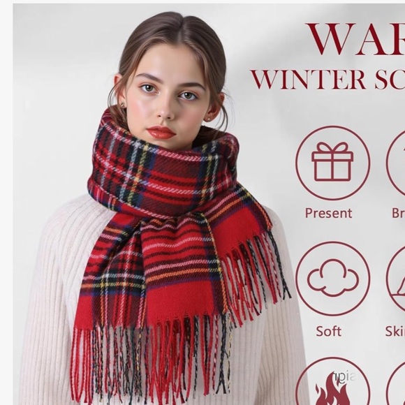 Red Plaid Scarf Fringe Oblong Shawl Wrap Wander Agio NWT - Picture 4 of 14
